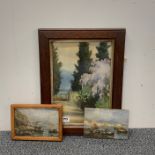 A oak framed Edwardian watercolour and two small oils on board of the bay of Naples, largest 28 x