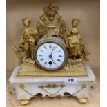 A 19th Century French gilt spelter and alabaster figural mantel clock, H. 30cm. No pendulum.