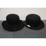 A vintage gentlemen's bowler hat and further vintage gentlemen's hat.
