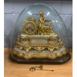 A 19th C French gilt spelter and white marble mantel clock on wooden stand and under dome, overall