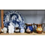 A group of lusterware jugs, wall charger etc.