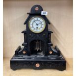 A 19th C Belgian slate mantel clock with marble inlay and mercury pendulum, H. 47.5cm.