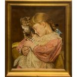 A reframed 19th Century oil on canvas of a girl with kittens, initialled R.B '87. Frame size 53 x