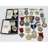 A group of hallmarked silver and silver enamelled Masonic medals.