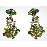 A pair of 925 silver rose drop earrings set with pear cut peridot, chrome diopside and white stones,