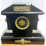 A large 19th C French brass mounted slate mantel clock, H. 47cm W. 51cm.
