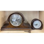 A 1930's chiming oak mantel clock, H. 23cm, together with a bakelite mantle clock.