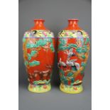 A superb large pair of Chinese Republican period hand painted and relief decorated porcelain