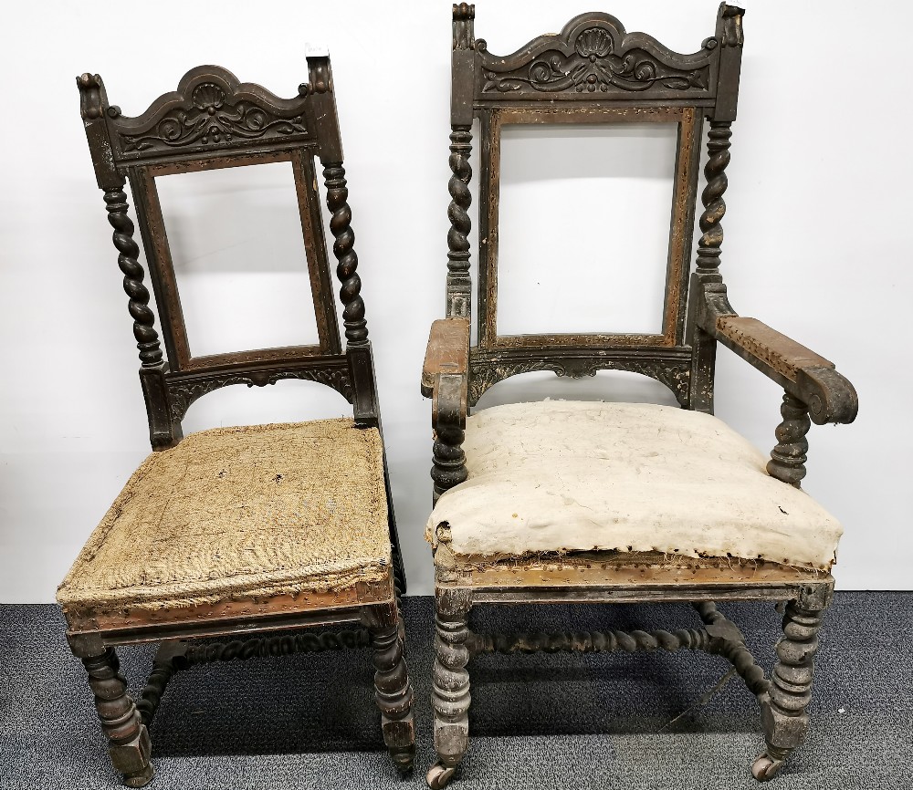 A pair of 19th Century carved mahogany chairs with barley twist stretchers, partially re-