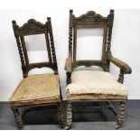 A pair of 19th Century carved mahogany chairs with barley twist stretchers, partially re-