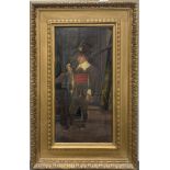 A Victorian gilt framed oil on canvas of a boy dressed as a Medieval solider with indistinct