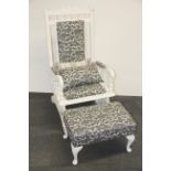 A re-upholstered Victorian rocking chair and foot stool.