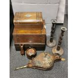 Three Victorian wooden boxes, a pair of barley twist candlesticks etc.