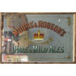 A Moore's and Robson's pub advertising mirror currently detached from frame, 61 x 86.