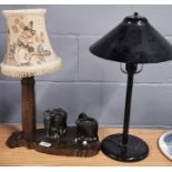 An elephant desk lamp carved in the shape of Ceylon and an industrial style metal desk lamp, H.