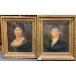 A pair of early 19th Century gilt framed oils on canvas portraits of a lady and gentlemen, frame