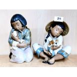 Two Lladro 'Gres' terracotta figures of children, H. 22cm. Figure with puppy A/F to one finger.