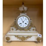 A 19th C ormolu mounted alabaster mantel clock by Ellis of Plymouth, H. 33cm. No bell.