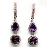 A pair of 925 silver amethyst and white stone set earrings, L. 4.2cm.
