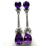 A pair of 925 silver drop earrings set with pear cut amethysts and white stones, L. 4.5cm.