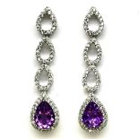 A pair of 925 silver drop earrings set with pear cut amethyst and white stones, L. 3.5cm.