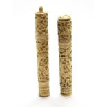 Two 19th C Chinese carved ivory/bone needle cases, L. 15.5cm.