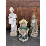 A vintage concrete garden figure of a girl, H. 77cm, together with a concrete gnome in a throne