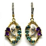 A pair of 925 silver gilt drop earrings set with amethyst, sapphire and blue topaz, L. 4cm.