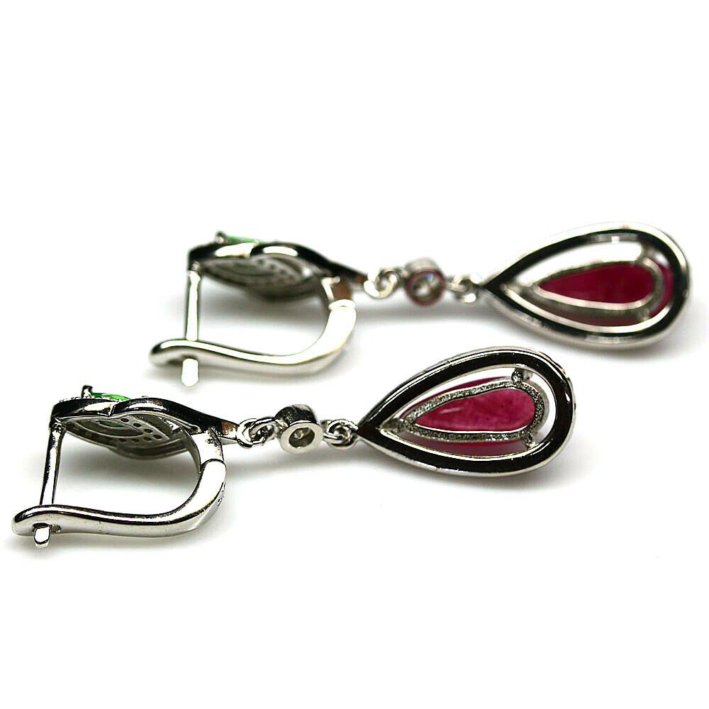 A pair of 925 silver drop earrings set with cabochon cut rubies, tsavorites and white stones, L. - Image 2 of 2