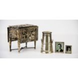 A 900 silver Dutch miniature drop leaf table/box together with two miniature hallmarked silver photo