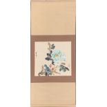 A Chinese hand painted silk mounted scroll, L. 146cm. W. 61cm.