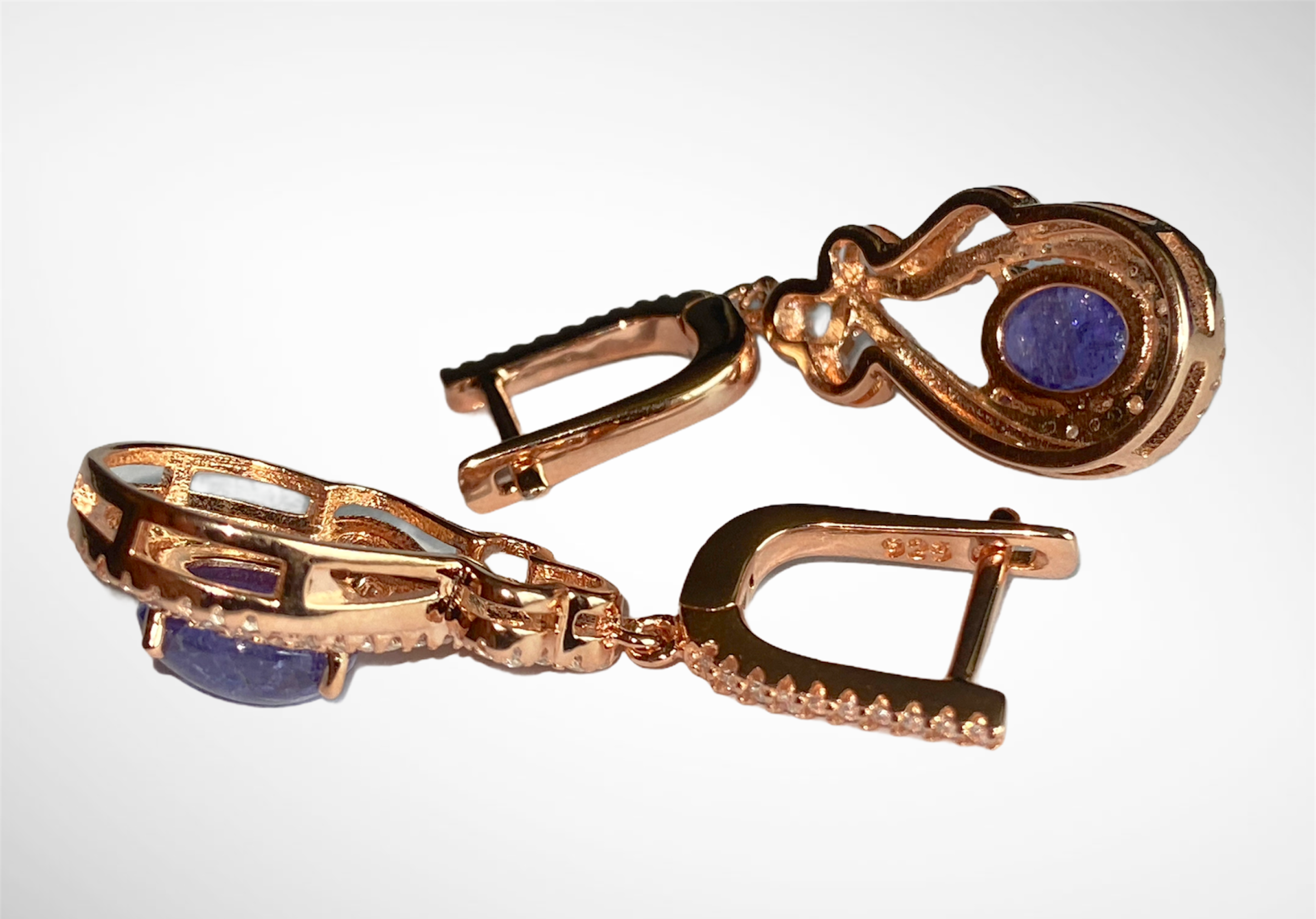 A pair of 925 silver rose gold gilt drop earrings set with cabochon cut tanzanites and white stones, - Image 2 of 2