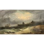 A large 19th C. unframed oil on canvas of a stormy sea scene with figures on the foreshore, probably