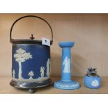 A silver plate mounted Wedgwood porcelain biscuit barrel, candlestick and table lighter.