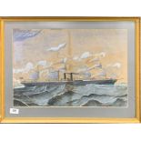 A gilt framed watercolour on artist board of a steam sailing ship with indistinct signature, frame