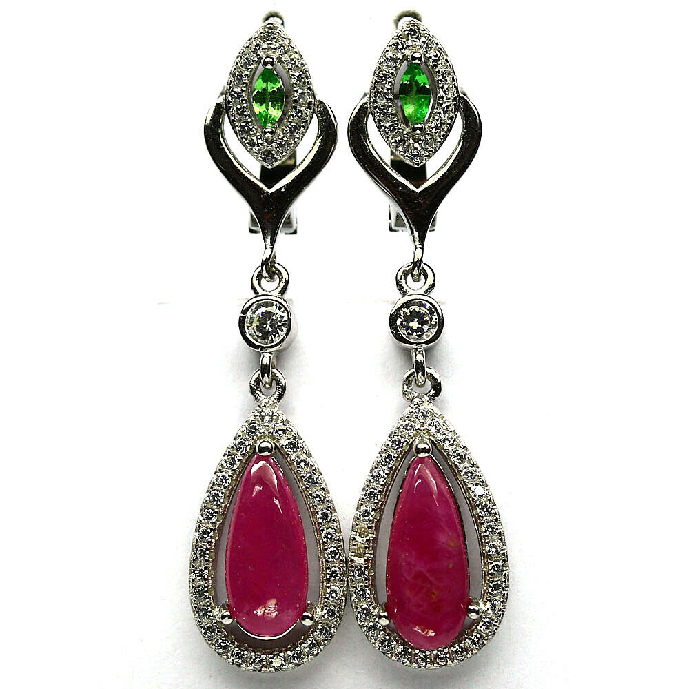 A pair of 925 silver drop earrings set with cabochon cut rubies, tsavorites and white stones, L.