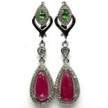 A pair of 925 silver drop earrings set with cabochon cut rubies, tsavorites and white stones, L.
