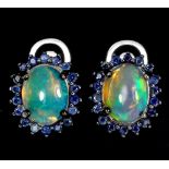 A pair of 925 silver cluster earrings set with cabochon cut opal and sapphires, L. 1.2cm.