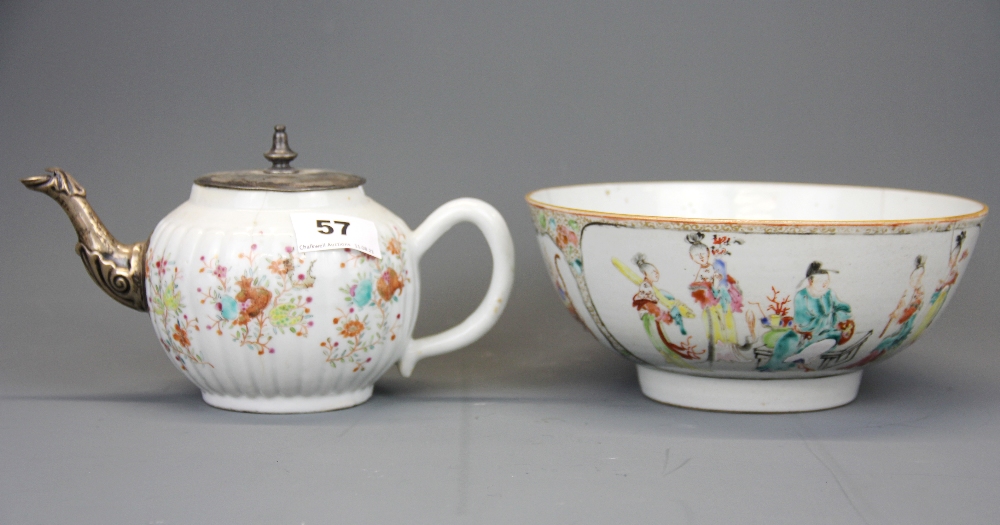 A 19th C Chinese hand painted porcelain tea pot with replacement white metal spout and lid, H. 13cm.