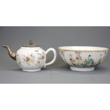 A 19th C Chinese hand painted porcelain tea pot with replacement white metal spout and lid, H. 13cm.