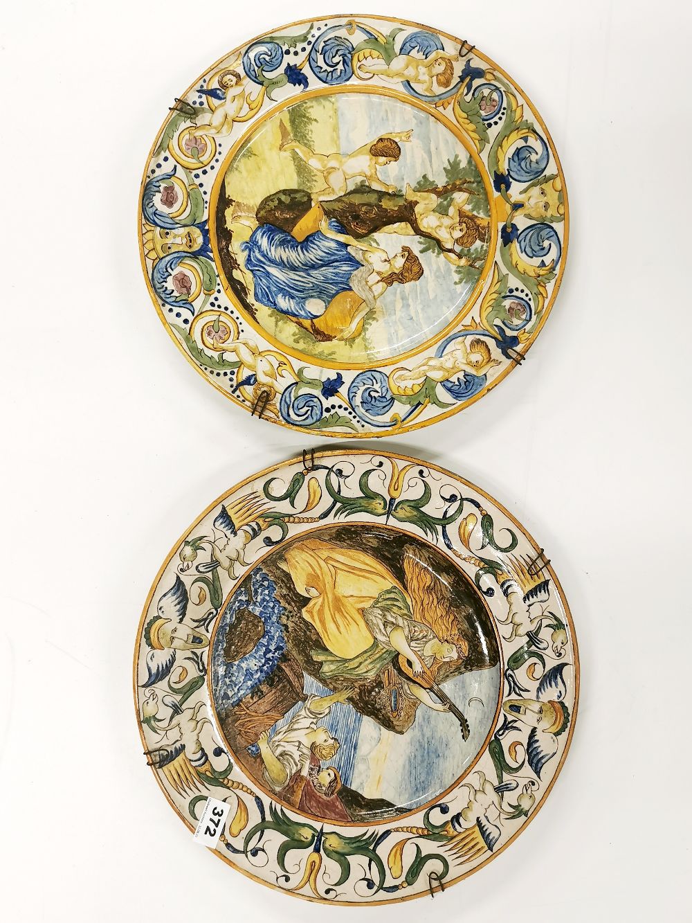 Two large 19th / early 20th C Italian majolica wall plates, Dia. 39.5cm.