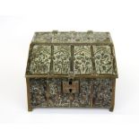 A 19th C European bronze casket decorated with scenes in a cathedral, W. 14.5cm.