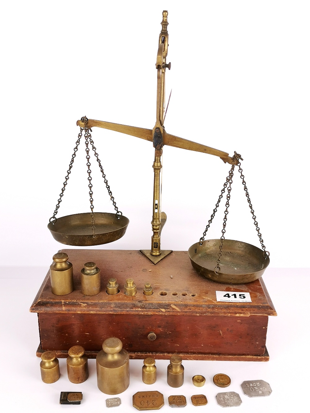 A mahogany and brass balance scale with a good selection of weights. - Image 2 of 2