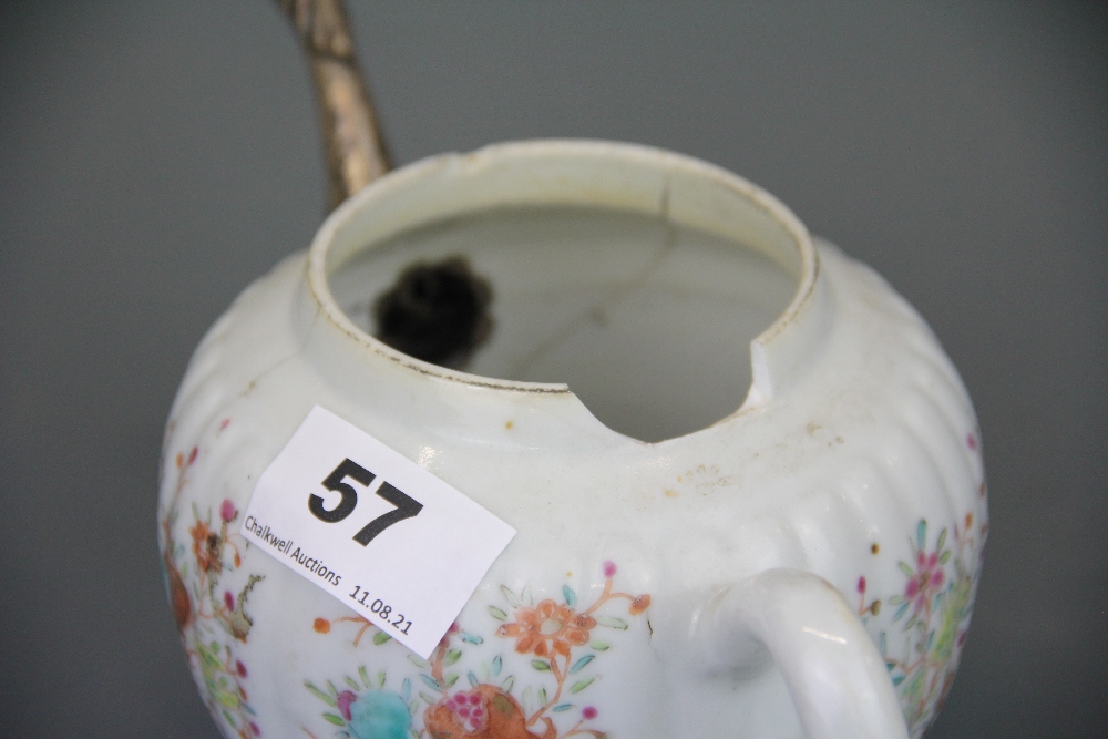 A 19th C Chinese hand painted porcelain tea pot with replacement white metal spout and lid, H. 13cm. - Bild 3 aus 6