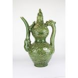 A very large 19th/early 20th C Chinese crackle celadon glazed gourd shaped wine jug with relief