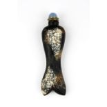 An interesting Chinese carved hardstone fish shaped snuff bottle with gilt and blue hardstone