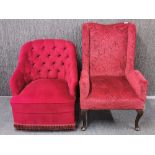 A 1920's upholstered armchair and a button backed bedroom chair.