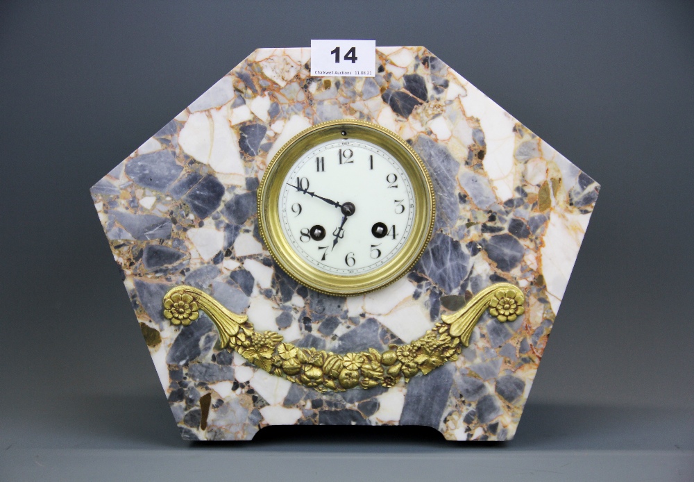 A marble and gilt decorated Art Deco clock, understood to be in working order, H. 64. W. 30.5cm.