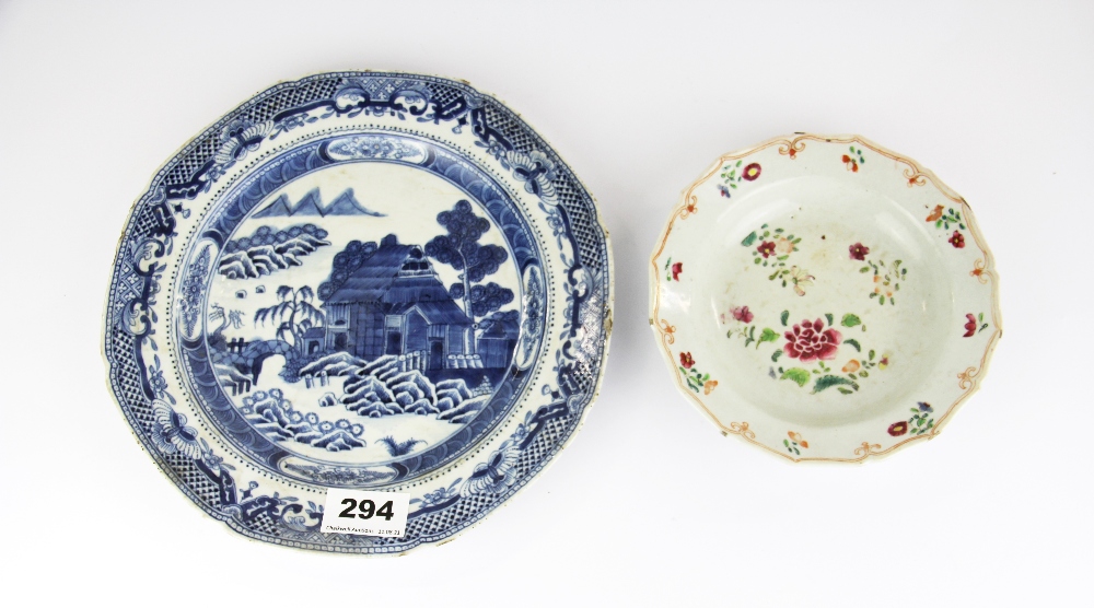 Two 18th C Chinese hand painted porcelain items, plate Dia. 24cm.