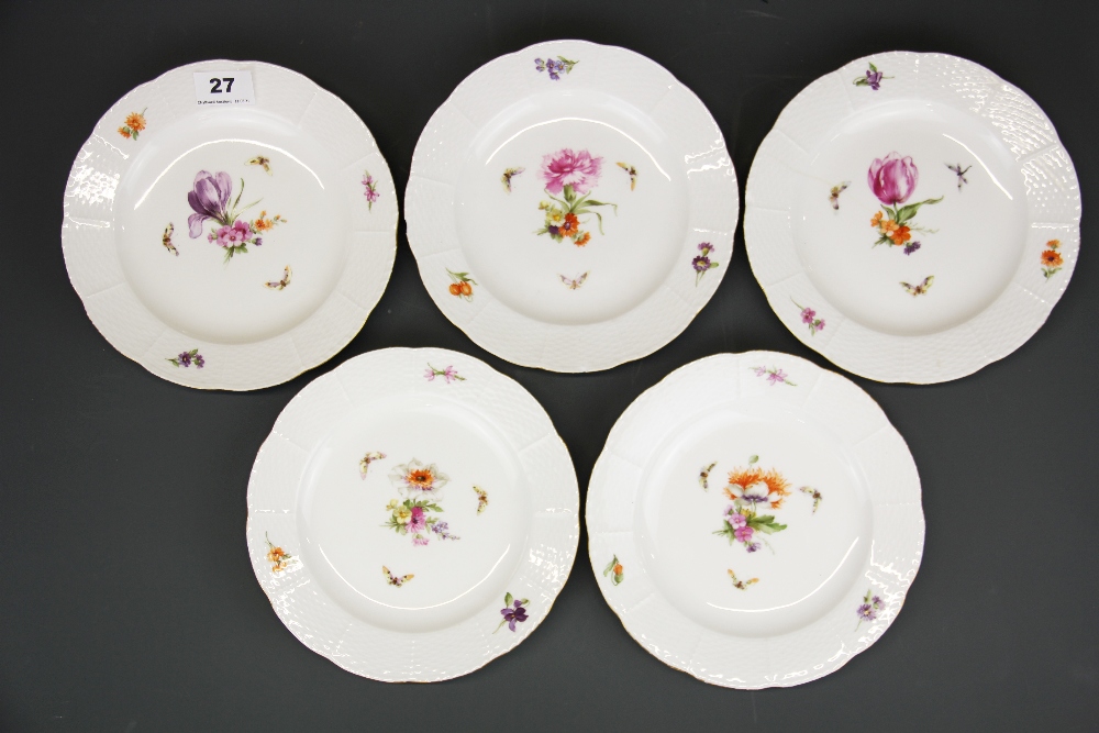 Five KPM Dresden hand painted porcelain plates (two A/F), Dia. 21.5cm.
